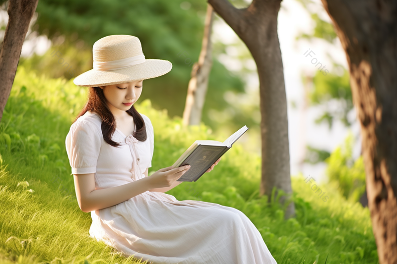 户外自然草坪上的文艺恬静可爱美女形象,高清,摄影图,摄影图片,图片大全,摄影图免费下载
